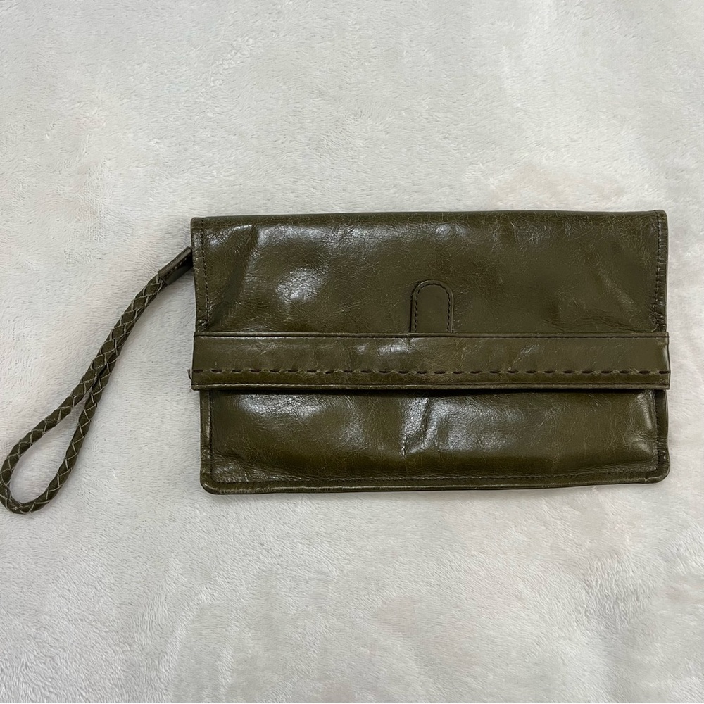 HOBO Olive Green Leather Fold-over Clutch